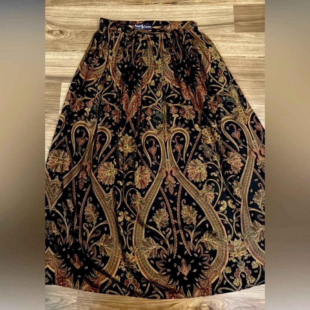 Ralph Lauren 100% Silk Paisley Vintage Purple Label Pockets Pull On Maxi Skirt 8 - Picture 6 of 13